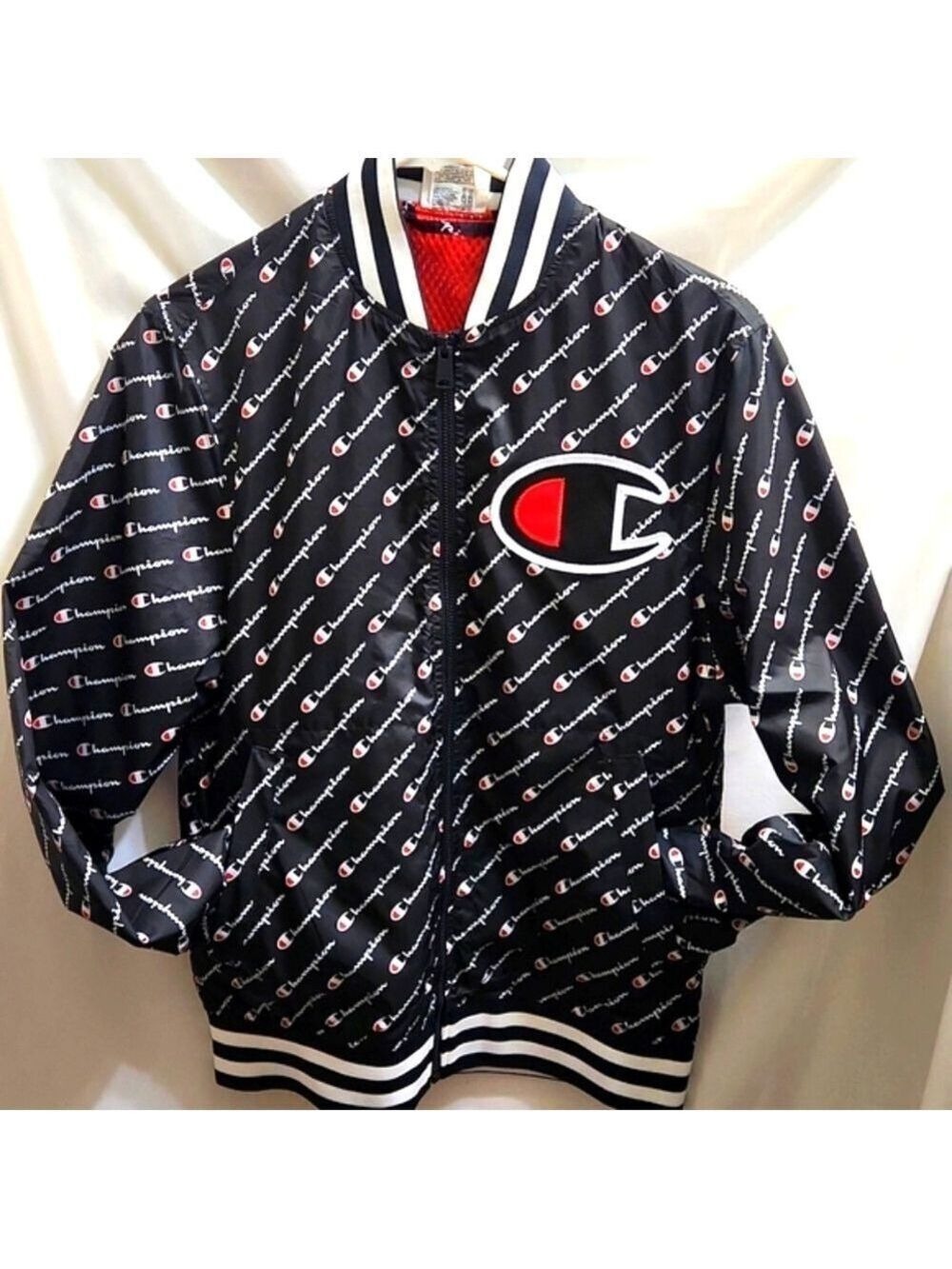 Champion Logo Red White Blue Mesh Zip Up Bomber Jacket (M Size S)